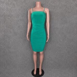 Uptown Womens Small Green Bodycon Dress Spaghetti Strap Side Ruched Lined NWOT